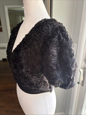 Theory cropped sheer & 3D layered rosettes black wrap blouse, size L